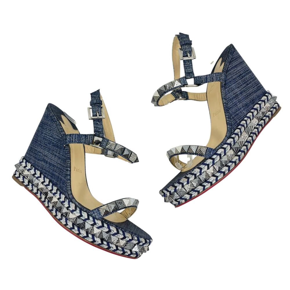 Christian Louboutin Lame Lux Pyraclou 110 Denim Wedge Sandal Blue Size 41 - Picture 6 of 14